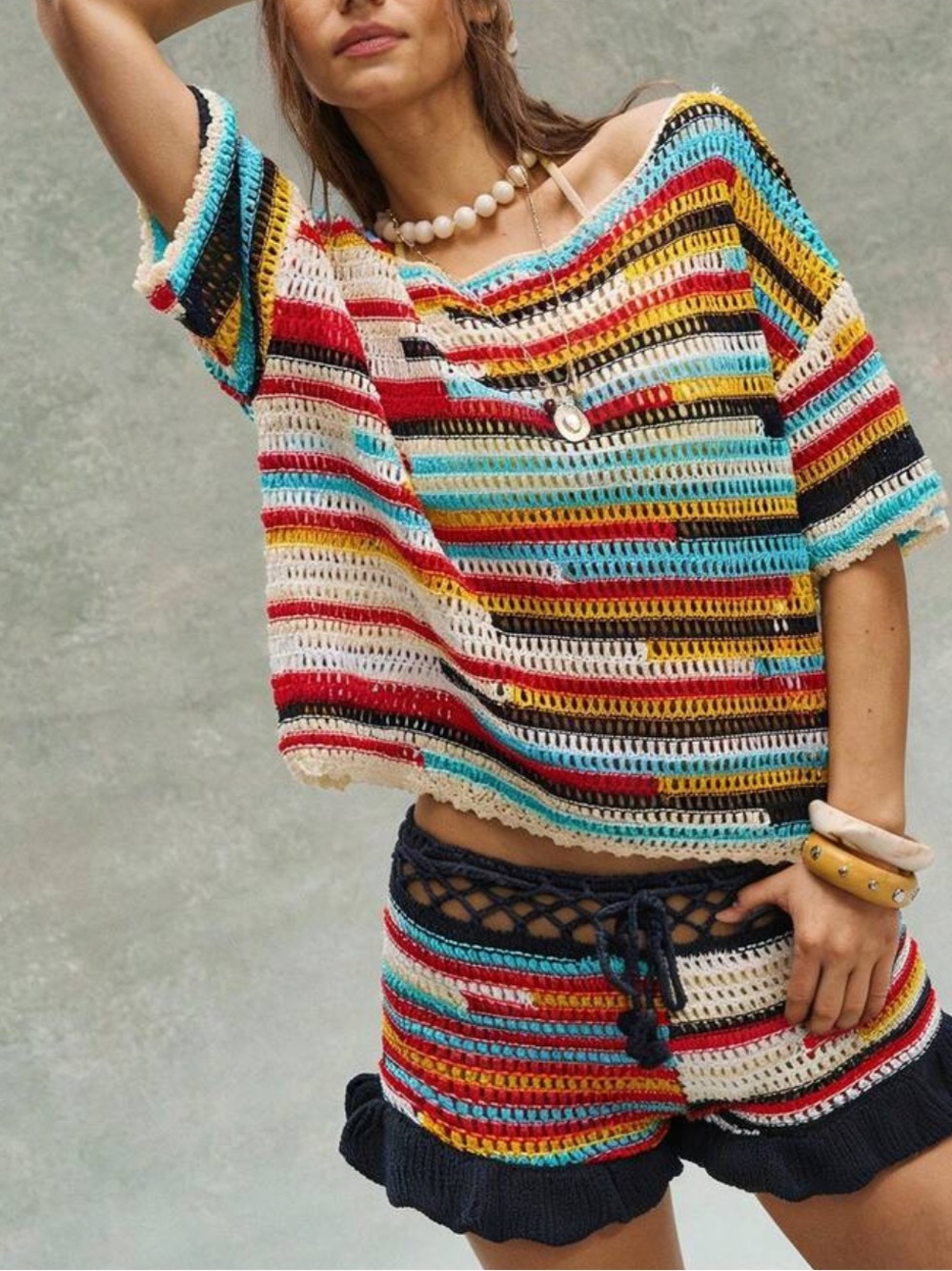 Boho Striped Crochet Knit Top Shirt Blouse Multicolor